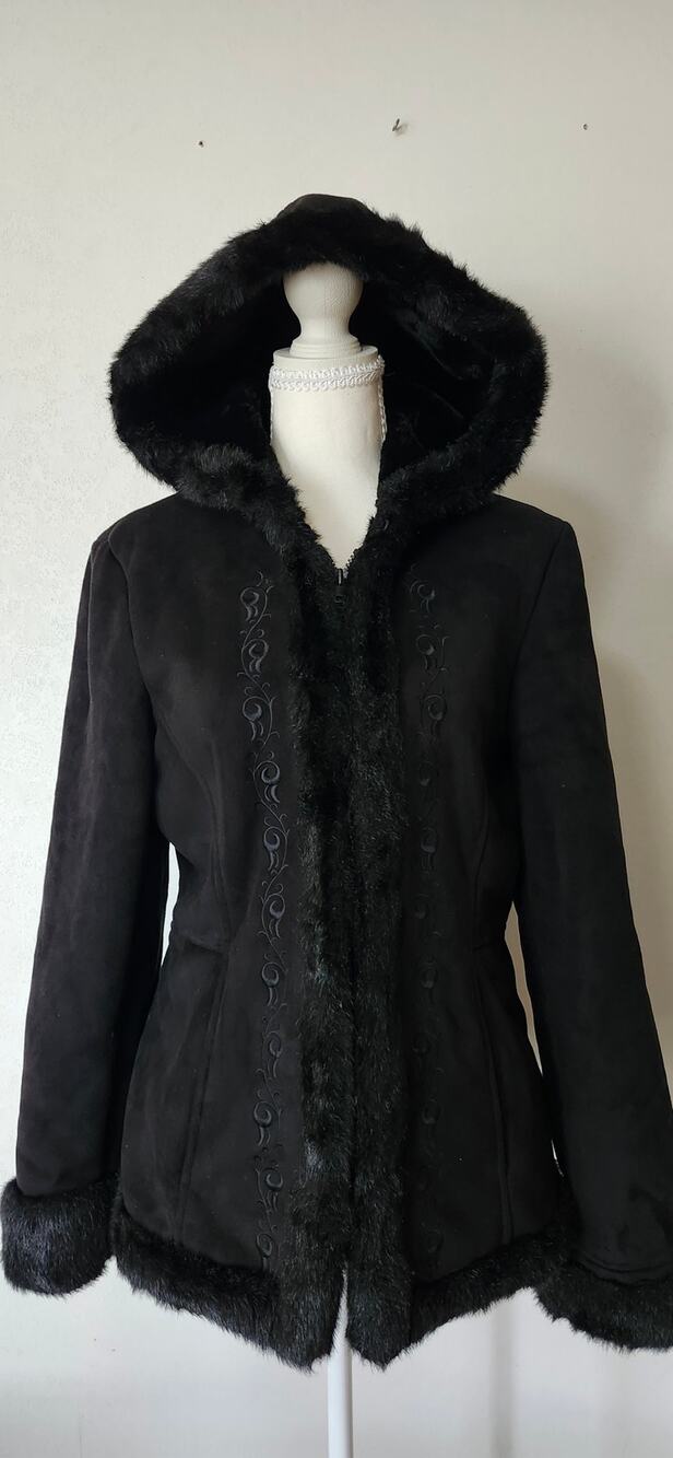 Vintage Y2K Esprit Black Faux Suede Faux Fur Hooded Penny Lane Jacket M NWOT